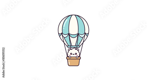Whimsical illustration of a fluffy animal character in a pastel hot air balloon