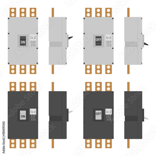 Industrial circuit breaker set isolated on white. Front and side views in ON and OFF positions. Vector illustration for electrical engineering guides, safety manuals, technical documentation