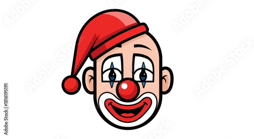 Cartoon of a playful clown with a red nose, bright smile, and expressive eyes for entertainment