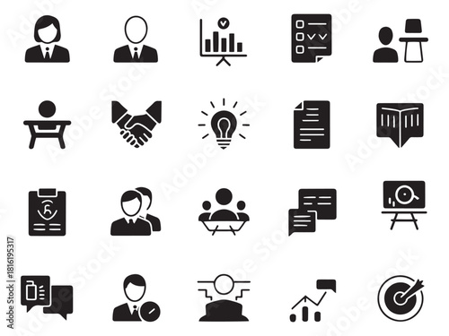 Collection of business and strategy glyph icons for presentations and projects