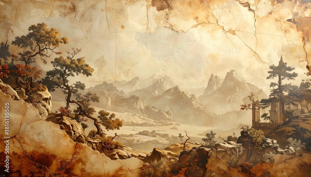 Naklejka premium Ancient Chinese Landscape Painting with Misty Mountains and Pine Trees.