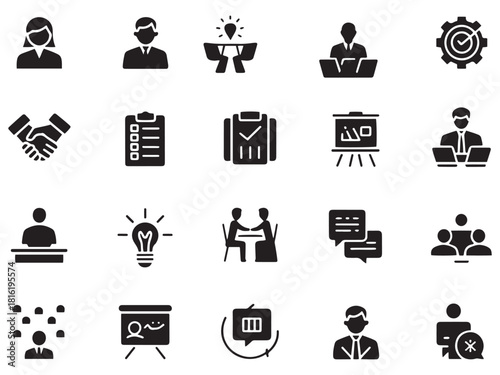 Collection of 20 business and teamwork glyph style icons for presentations and concepts