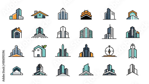 Modern Cityscape Building Icons for Architectural Design Branding