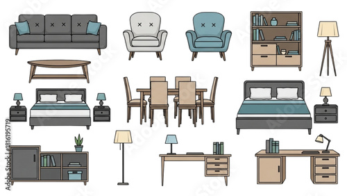 Collection of modern furniture for living room, bedroom, and office