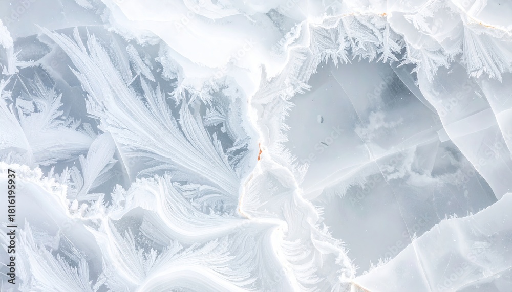 Obraz premium Close-up of frosty ice patterns on a window, creating a beautiful winter background.