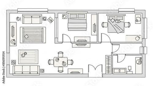Blueprint of a modern two-bedroom apartment floor plan with living and dining areas