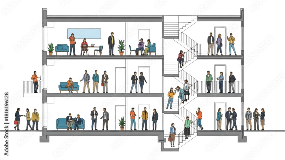 Naklejka premium Cross-section of a building showing people in various apartments and on stairs