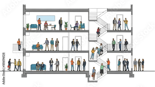 Cross-section of a building showing people in various apartments and on stairs