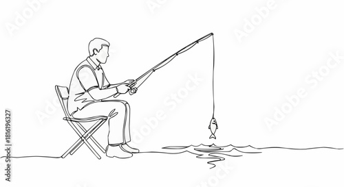 Line Art Depicting a Fisherman Catching a Fish While Seated.