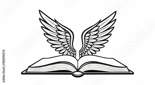Open Book with Angel Wings Black and White Illustration.