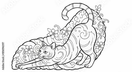 Graceful cat stretching with elegant pose and detailed patterns.