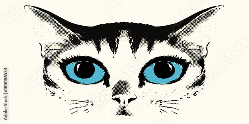Pop art cat face with piercing blue eyes in halftone style
