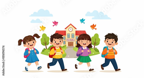 Cartoon Children Heading to School with Backpacks and Smiling.