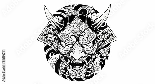 Monochrome illustration of a traditional Japanese Oni demon mask.