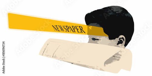 Man reading newspaper with graphic overlay obscuring view