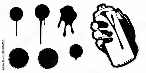 Hand holding spray paint can with drips and spray patterns in black and white