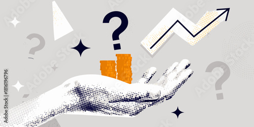 Investment uncertainty and growth potential illustrated with hand coins question marks and arrow