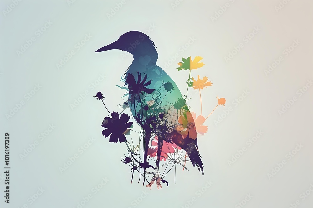 Obraz premium Double exposure silhouette of bird with colorful nature scene inside, featuring flowers, trees and landscape on light background.
