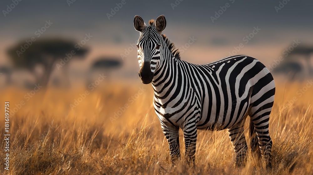 Fototapeta premium Lone zebra standing in golden savanna grass at sunset with acacia trees silhouetted against dramatic sky in African wildlife reserve.