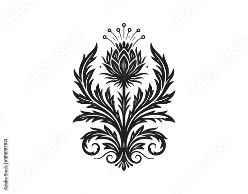 Stylized vector thistle (Carduus acanthoides) on a white backdrop, hand-drawn silhouette

