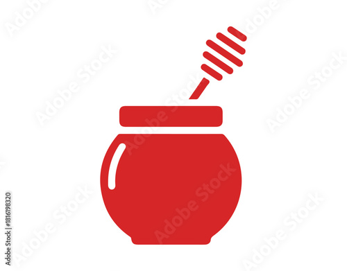 Grey jar with honey and a honey dipper icon set against a white background. Food bank. Symbol of sweet natural food. Honey ladle. Vector