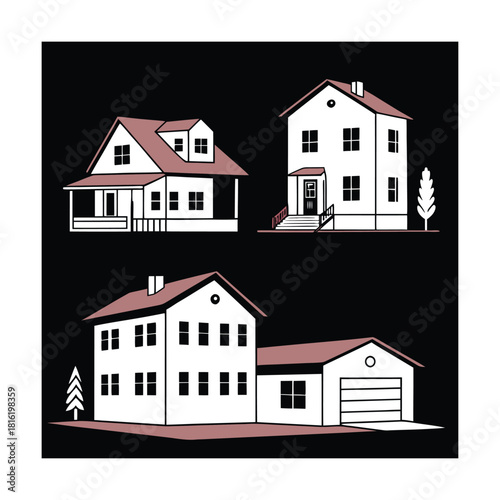 Illustration of three different house designs on a, showcasing various architectural styles and home layouts for residential living