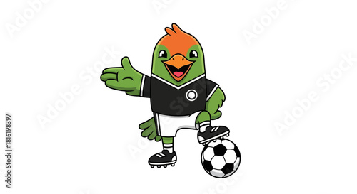 Animated bird character dressed as a soccer player, standing on a soccer ball with a welcoming