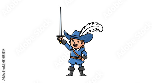 Cartoon character of musketeer holding sword with white feather detail in hat