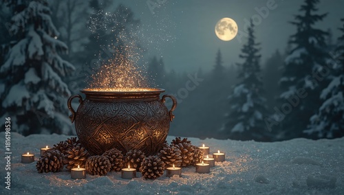 Magical cauldron with glowing sparks surrounded by pinecones and candles in snowy forest at full moon night