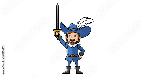 Cartoon illustration of a cheerful musketeer holding sword aloft in a dynamic pose ready for