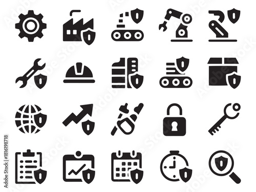 Industrial security icons set protecting business operations manufacturing processes and data safety