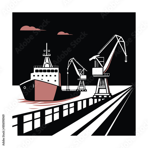 Vector illustration of a cargo ship at the port with cranes, representing transportation, logistics, and industrial activity isolated on