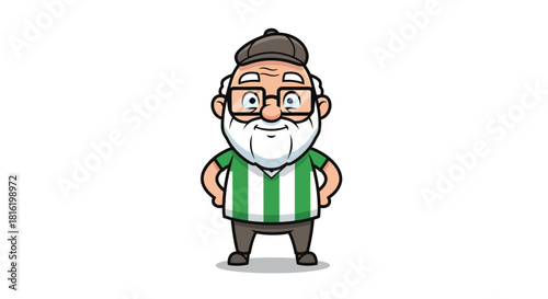 Cartoon elder man illustration with beard in striped shirt isolated on white backdrop