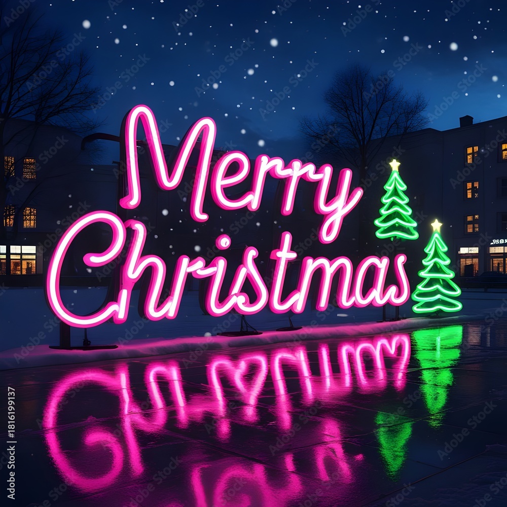 Fototapeta premium Merry Christmas in neon with a vibrant pink