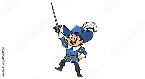 Enchanting Cartoon Character in Musketeer Attire Wielding Sword with Joyful Enthusiasm
