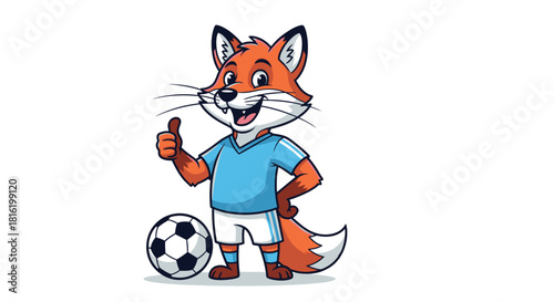 Enthusiastic cartoon fox footballer giving a thumbs up near soccer ball