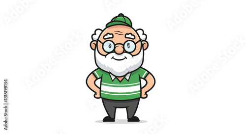 Cheerful cartoon elderly man with cap and glasses, isolated on white background showing joy and