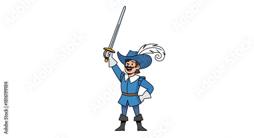 Enthusiastic cartoon musketeer celebrates victory with raised sword and joyful expression
