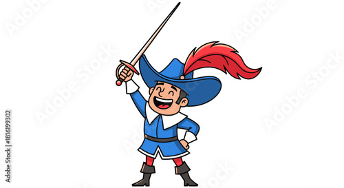 Cartoon Musketeer rejoicing holding his sword high with a cheerful expression victory emblem