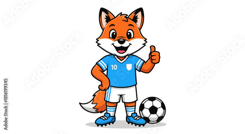 Fox mascot in soccer uniform gives a thumbs-up, showcasing sportsmanship and skill for