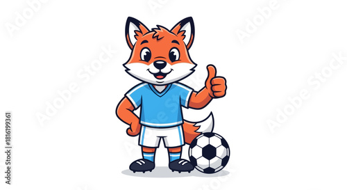 Cartoon fox mascot illustration wearing soccer uniform giving a thumbs up gesture