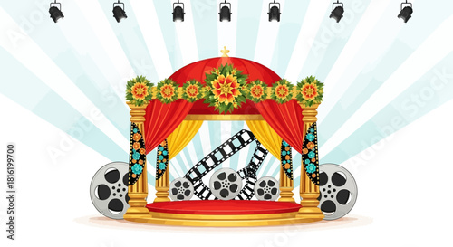 Red & gold Indian wedding mandap backdrop has film reels. Perfect for branding surface, video backgrounds, social media posts.