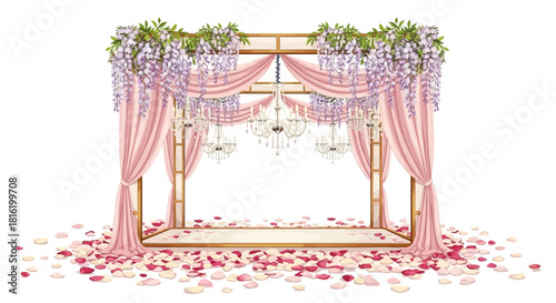Pink curtains and rose petals frame a romantic scene, ideal for wedding invites, Indian wedding decoration, or social media graphics.