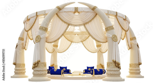 White textured cloth drapes with gold accents form an indian wedding mandap, perfect for wedding branding or backdrop.