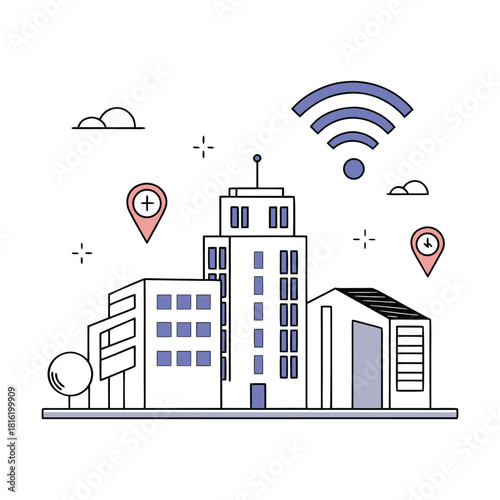 Smart city illustration with buildings, wifi signal, and location pins, representing connectivity, technology, and urban development isolated on