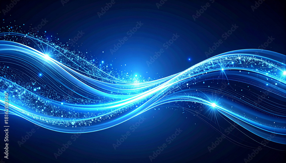 Fototapeta premium 青い光の波が星のように輝く深海ブルーの背景