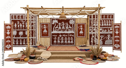 Brown Warli texture shows intricate detail. Creates an Indian wedding mandap backdrop for product photography, branding.