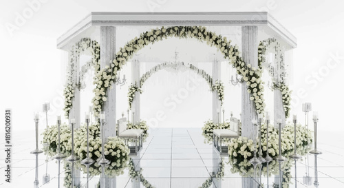 White floral Indian wedding mandap shines with crystal accents on a reflective floor. Perfect for event backdrops, branding, or wedding design.