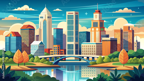 Very beautiful view of the Columbus, Ohio skyline, showcasing modern high-rise buildings, the iconic riverfront, and a clean, bright urban atmosphere that highlights the city’s contemporary architectu