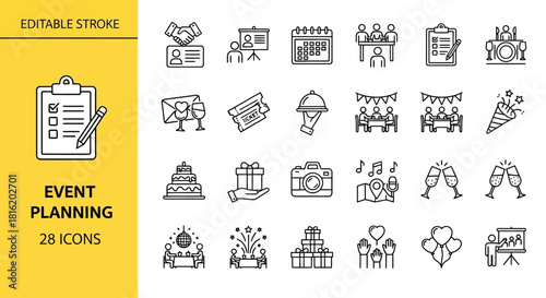 Vector icons celebrating various events and holidays with gift boxes, music, and food, perfect for invitations and decorations